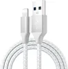A white braided USB-C to Lightning cable with silver connectors against a white background. Produktbild-Vorschau