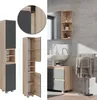 A collage of images showing a tall bathroom cabinet in Sonoma oak and anthracite, with some close-ups and a scene of a bathroom with a sink and towels.