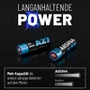 Two batteries are shown on a black reflective surface, with text and graphics above and below them. Produktbild-Vorschau