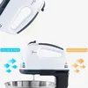 A collage of two images showing a white electric hand mixer with a stainless steel bowl. The bottom image includes arrows and text indicating airflow. Produktbild-Vorschau