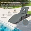 A grey folding lounge chair is shown next to a swimming pool, with various feature callouts. Náhled obrázku produktu