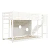 A white wooden bunk bed with a slide and a ladder, shown from a side angle against a white background. Produktbild-Vorschau