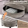 A split image showing a sofa footstool in both open and closed states, with text overlays highlighting its storage capabilities. Produktbild-Vorschau