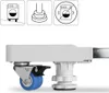 A collage of three instructional icons above a close-up side view of a white appliance stand with wheels. Voir les images du produit