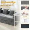 A close-up view of a gray sofa with various material samples and descriptive text highlighting its quality. Produktbild-Vorschau