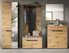 A hallway furniture set with a wardrobe, coat rack, bench, and shoe cabinet, styled in a modern home. Produktbild-Vorschau