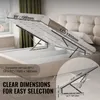 A bed frame with the mattress lifted to reveal storage space, showing lift mechanisms and dimensions. Náhled obrázku produktu