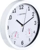 A white analog wall clock with two additional dials for temperature and humidity. Produktbild-Vorschau
