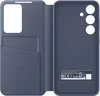 A blue Samsung phone case with a wallet feature is shown open, revealing the inside and the exterior camera cutout. Produktbild-Vorschau