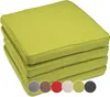 A stack of four lime green seat cushions on a white background, with a row of colored circles at the bottom showing alternative color options. Produktbild-Vorschau