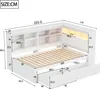A diagram of a white bed frame with dimensions and storage compartments, including LED lighting. Produktbild-Vorschau