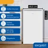 A white refrigerator with feature callouts and dimensions displayed next to it. Produktbild-Vorschau