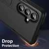 Close-up of a black phone case with a kickstand, highlighting its drop protection feature with orange arrows and a glowing effect at the bottom corner. Text overlays 'Drop Protection' on the lower left. Produktbild-Vorschau