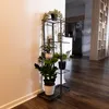 A metal plant stand with several potted plants is placed next to a white wall and on a dark wooden floor. In the background, a kitchen area and a wooden shelving unit are visible. Náhľad obrázku produktu