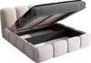 A bed frame with its storage compartment open, revealing the slatted base and interior storage space. Produktbild-Vorschau