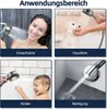 A collage of four images showing different applications of a shower head: a woman showering, a dog being bathed, a child in a bathtub, and cleaning a drain. Produktbild-Vorschau