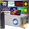 A projector with a remote and cables, surrounded by app logos. Voir les images du produit