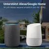Two smart speakers are shown in front of a modern house with a pool. Produktbild-Vorschau