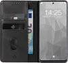 A black flip cover phone case with cards and a banknote inserted, next to a smartphone displaying the time and date. Produktbild-Vorschau