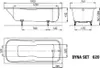 Technical drawings and dimensions of a bathtub. Anteprima dell’immagine prodotto