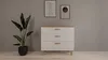A white dresser with wooden accents stands against a gray wall, next to a potted plant. Two framed pictures hang on the wall above the dresser. Podgląd zdjęcia produktu
