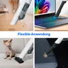 Collage showing a hand vacuum cleaner being used in different scenarios: cleaning a floor, cleaning a laptop, cleaning a sofa with a dog nearby, and cleaning a car seat. Produktbild-Vorschau