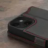 Close-up of a black leather iPhone case with red stitching. Produktbild-Vorschau