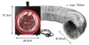 A black electric heater with a red grill and a silver flexible air duct attached, shown on a white background with dimensions indicated. Produktbild-Vorschau