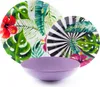 A set of plates and a bowl with a tropical floral pattern and a striped pattern. Produktbild-Vorschau