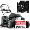 A lawnmower is shown with an inset image of its blades and a sign highlighting its features. Produktbild-Vorschau