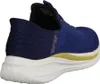 A side view of a blue Skechers slip-on sneaker. Voir les images du produit