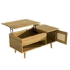A wooden coffee table with a lift-top and a cabinet with rattan doors, shown against a white background. Podgląd zdjęcia produktu