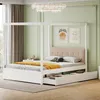 A modern bedroom with a white canopy bed, upholstered headboard, and built-in storage drawers. Produktbild-Vorschau