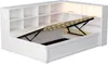 A white multifunctional bed frame with storage and integrated shelving, shown with the bed base lifted to reveal storage space. Produktbild-Vorschau