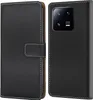 A black flip-style phone case for a Xiaomi 13 phone is shown open, revealing the phone's camera module and the inside of the case. Produktbild-Vorschau