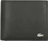 A black leather bi-fold wallet with a silver Lacoste crocodile logo on the bottom right corner. Anteprima dell’immagine prodotto