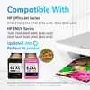 A marketing image showing HP ink cartridges and a printer, with compatibility information and a printed image of colorful leaves. Produktbild-Vorschau