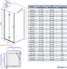 A technical drawing of a shower enclosure with a detailed size chart. Anteprima dell’immagine prodotto