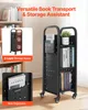 A black rolling book cart is shown in a room with bookshelves in the background. The cart has multiple shelves and side organizers. Text overlays highlight features like '3-Layer Storage Space' and 'Side Organizers'. Produktbild-Vorschau
