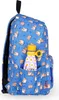 A blue backpack with a corgi pattern and a water bottle in the side pocket. Produktbild-Vorschau