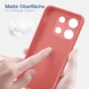 A hand is touching a red phone case, with text describing its matte surface and soft grip. Produktbild-Vorschau