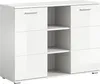 A white sideboard with two doors and three open shelves. Produktbild-Vorschau