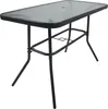 A rectangular glass-top table with a black metal frame, shown from a slightly elevated side angle against a white background. Produktbild-Vorschau