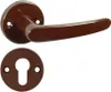 A brown door handle set, including the handle and a keyhole escutcheon plate, is shown against a white background. Produktbild-Vorschau