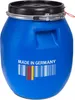 A blue plastic barrel with a black lid and a metal clamp. The barrel has a barcode with the German flag colors and the text "MADE IN GERMANY" printed on it. Produktbild-Vorschau