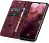 A burgundy flip case for a Samsung Galaxy A13 phone, shown open with the phone inside and cards and cash in the case. Produktbild-Vorschau