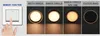 A collage showing a light switch with a finger pressing it, and four different lighting effects of a product. Produktbild-Vorschau