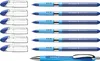 A collection of blue pens and their transparent caps are arranged in two columns against a white background. Podgląd zdjęcia produktu