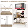 A kitchen cart with a microwave and various items on its shelves, with close-up insets highlighting structural features. Náhled obrázku produktu