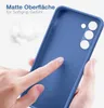 A hand is touching a blue phone case, highlighting its matte surface and soft grip. Produktbild-Vorschau